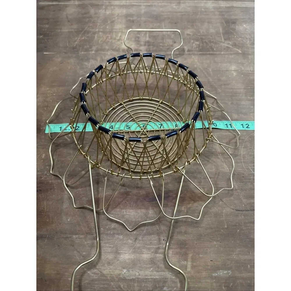Vtg MCM Expandable Gold Wire Fruit Egg Basket Folding Atomic Style